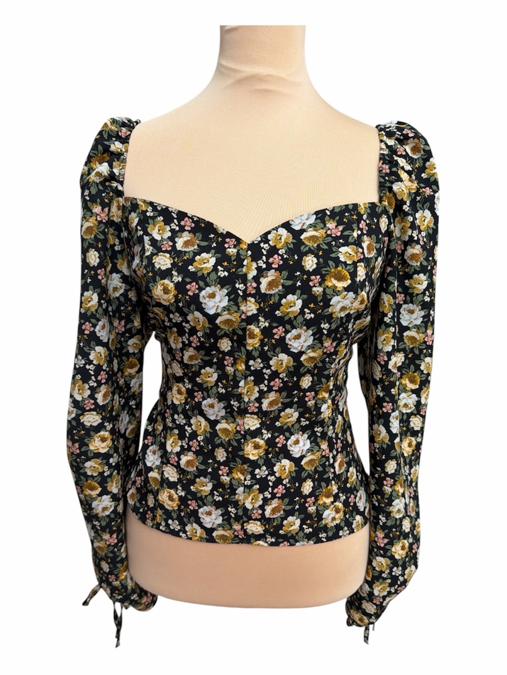 Topshop Black Floral Sweetheart Long-Sleeve Blouse